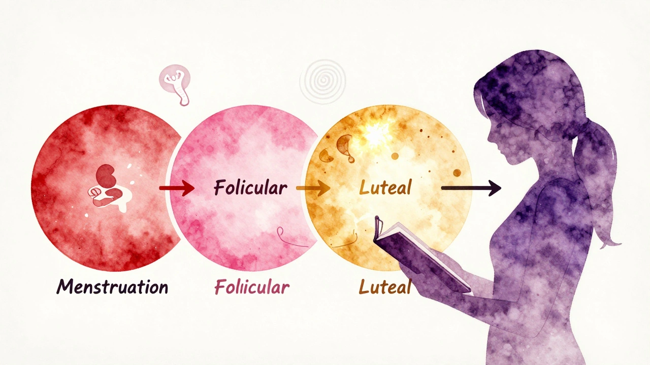 A circular timeline of menstrual phases with icons around a woman holding a journal.