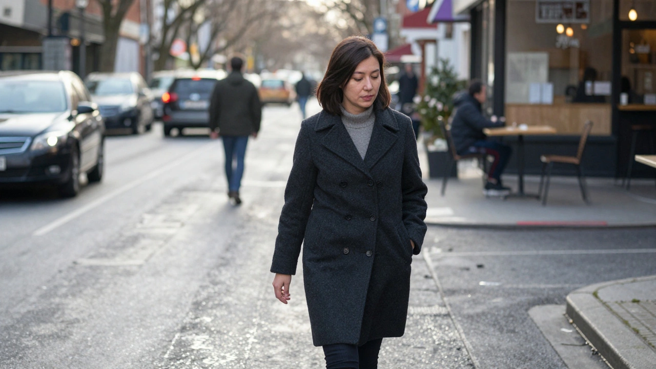 A mother walking calmly to a café, quietly practicing mindfulness amid the busy morning street.