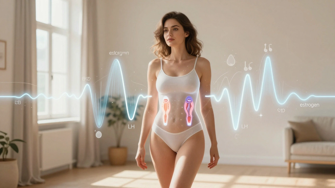 A woman with hormonal wave overlays showing rising estrogen and LH spike during fertility phase.