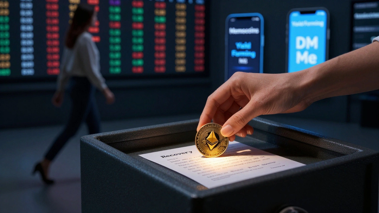 Hands storing crypto keys in fireproof safe, background rejecting crypto scams.