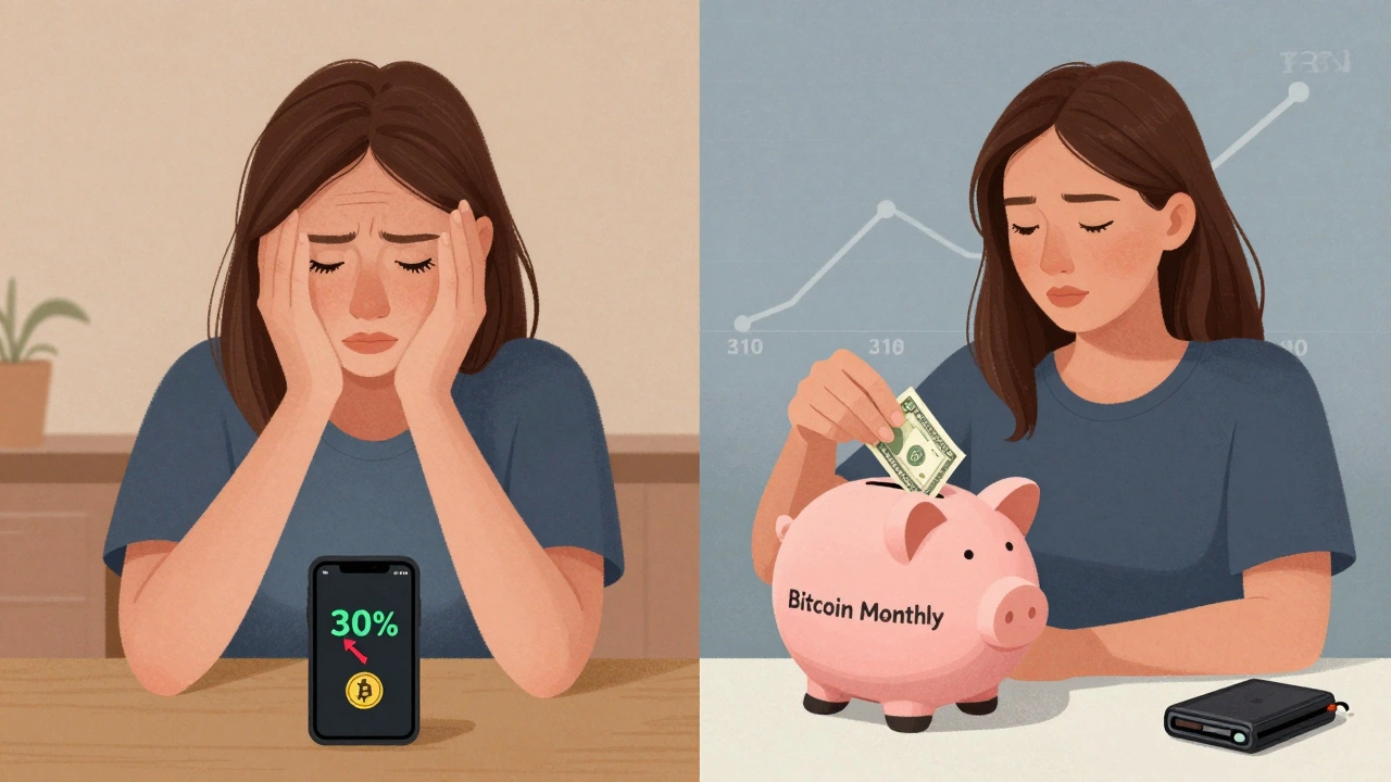 Split image: woman reacting to crypto loss vs. calmly investing  monthly.
