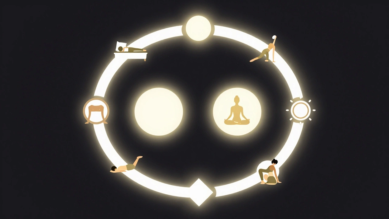 A circular illustration showing a woman's cycle with workout and rest symbols, emphasizing biological harmony.