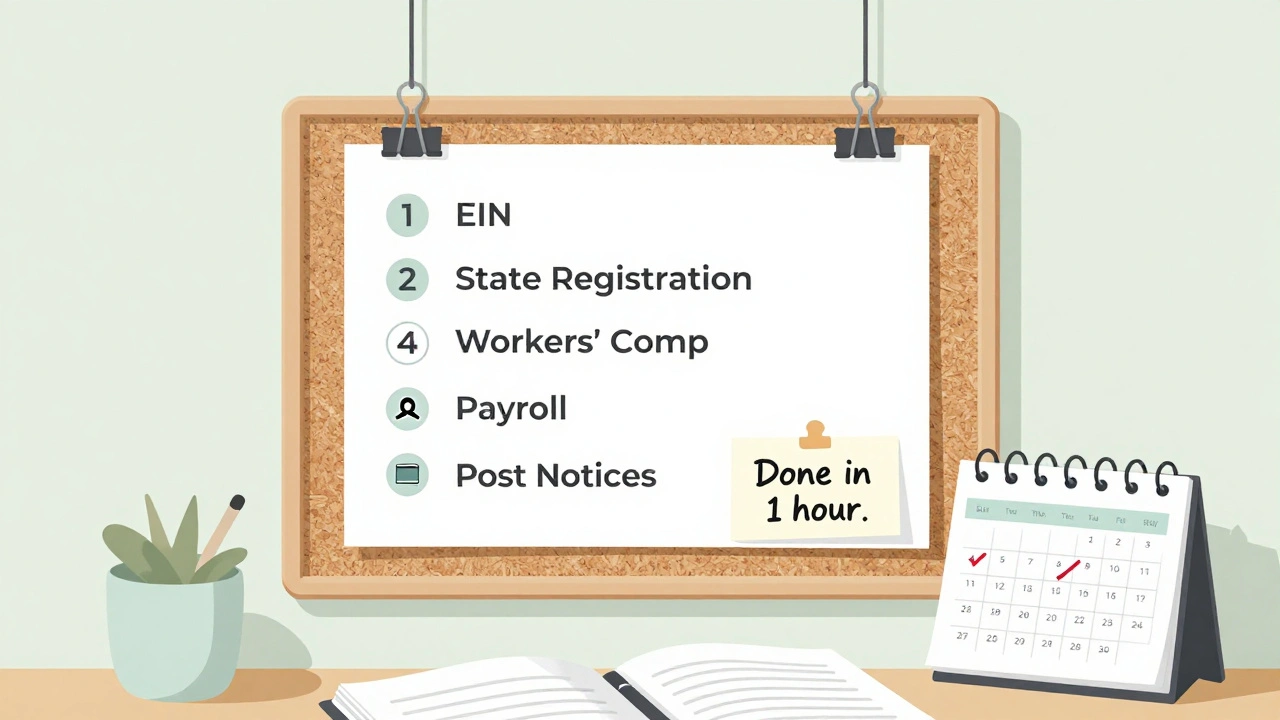 A clear checklist on a corkboard shows the seven simple steps to legally hire your first employee.