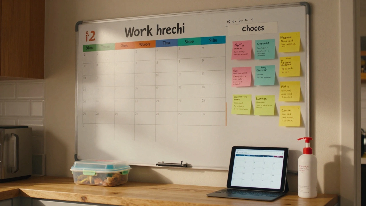 A colorful family schedule board with calendars, sticky notes, and a breast pump on a kitchen counter.