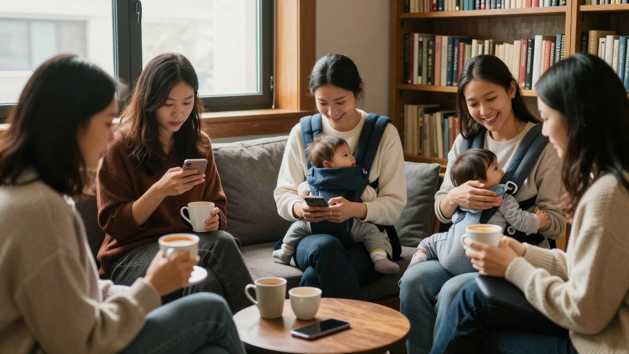 A group of working mothers chatting warmly in a sunlit library, one holding her baby in a carrier.