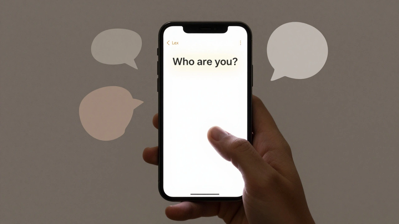 A hand tapping a phone screen displaying the Lex app's text-only interface, no photos or ads, surrounded by abstract thought shapes.