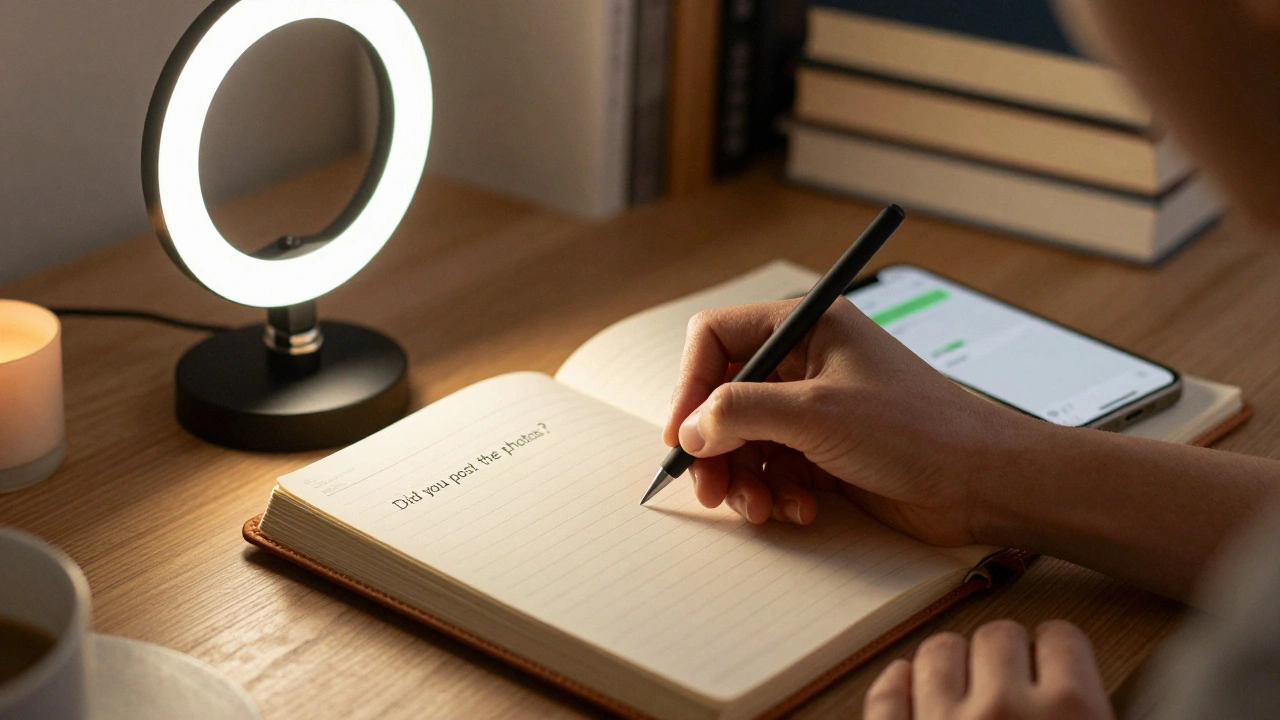 A hand writing in a journal under a ring light, with a text message about progress visible on a phone.
