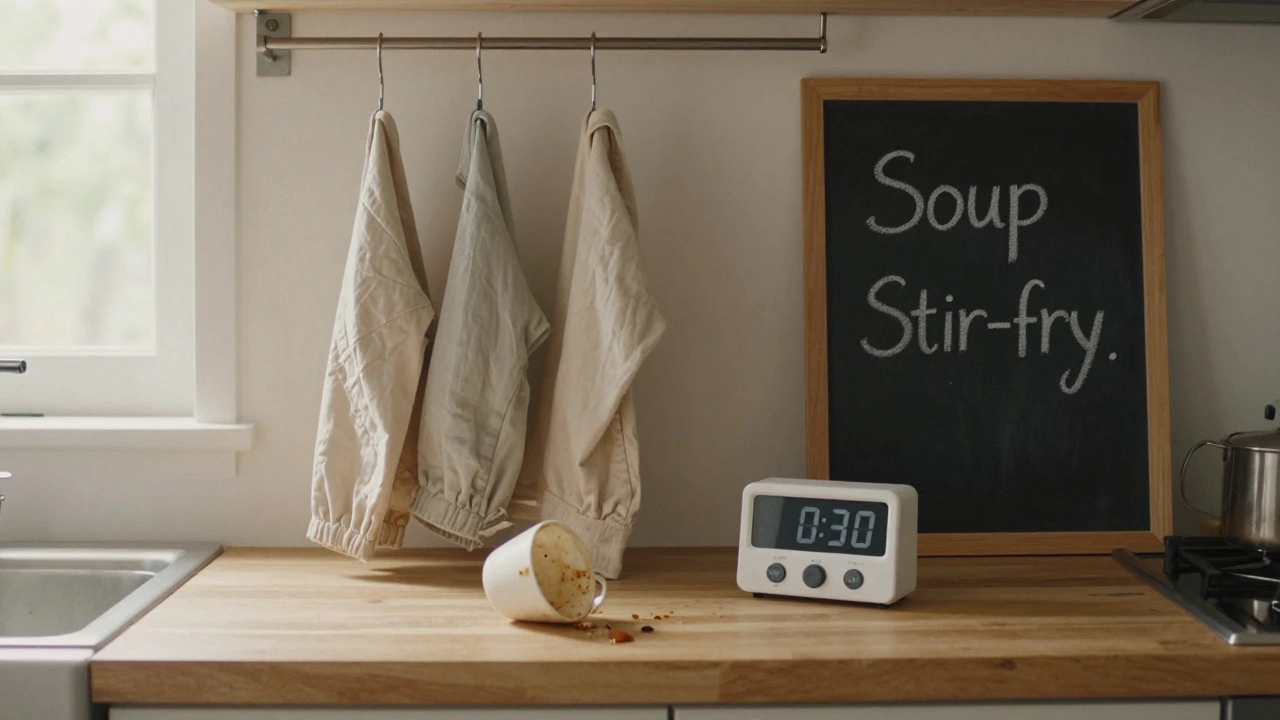 A simple kitchen counter with three identical outfits and two meal options listed on a chalkboard, symbolizing reduced decision load.