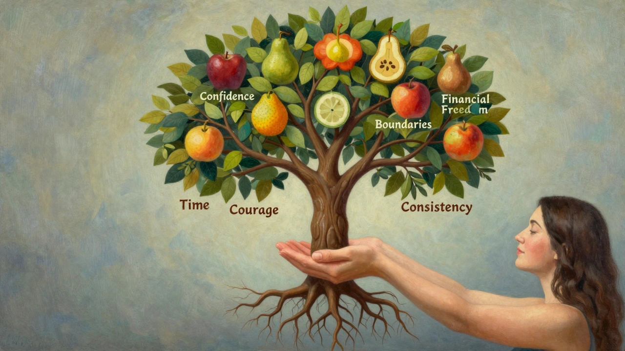 A tree growing from a woman's hands, with roots and fruits symbolizing personal development.