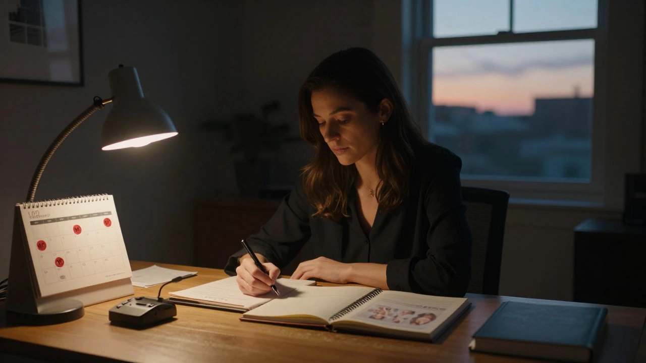 A woman at her desk at night, surrounded by notes and a photo of her team, as dawn breaks outside.
