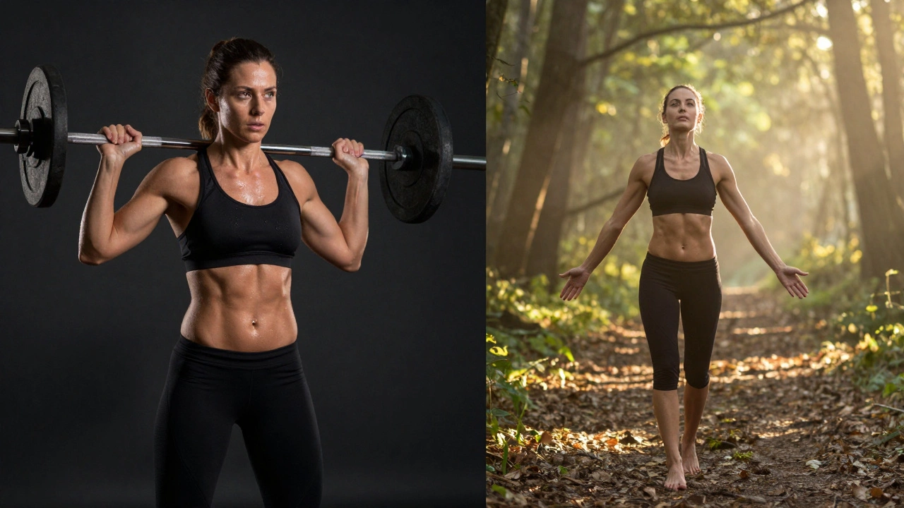 A woman contrasting intense workout on left with calm forest walk on right, symbolizing burnout vs recovery.