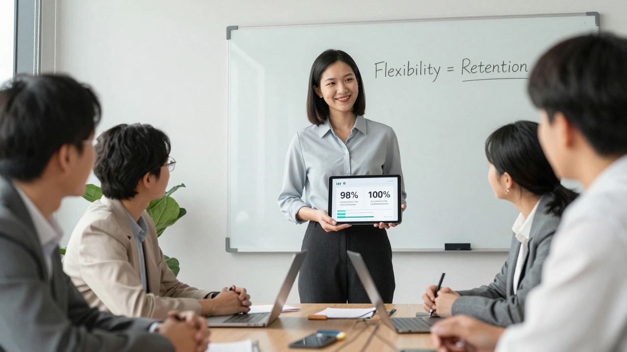 A woman presenting data to HR team showing high performance metrics in a modern office.