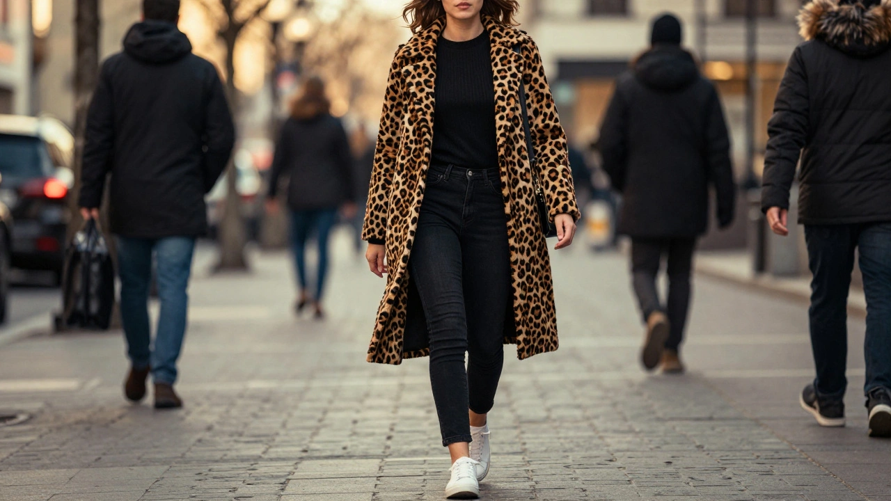 A woman walking confidently in a leopard-print coat with black jeans and white sneakers, golden hour lighting.