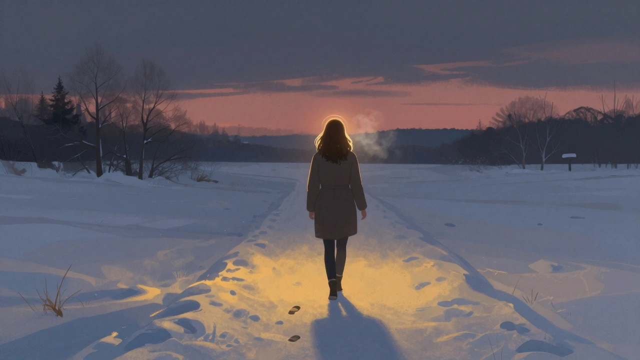 A woman walks in early winter dawn, bathed in therapeutic light, footprints leading through snow toward a rising sun.