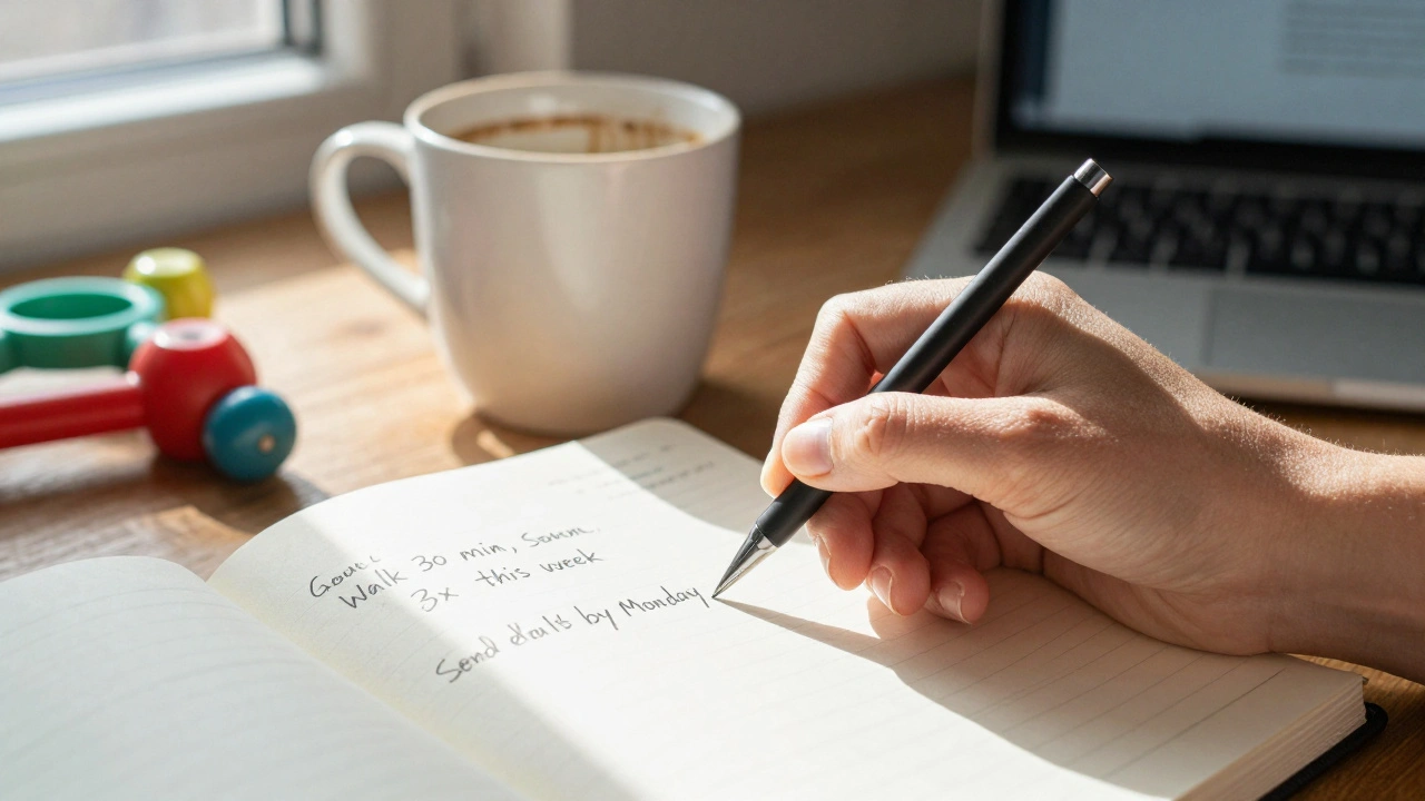 A woman writing specific goals in a journal beside a coffee mug, sunlight streaming through a window.