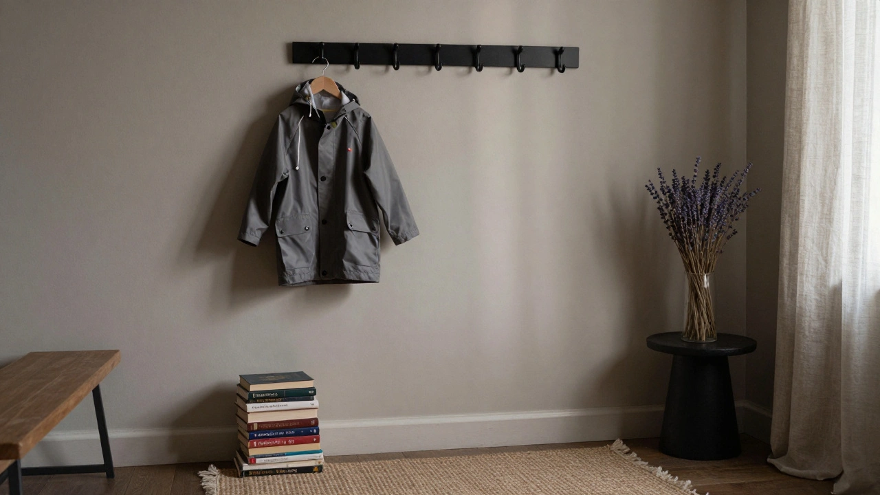 An entryway with hanging coats, library books on a bench, and dried lavender, lit by soft evening light.