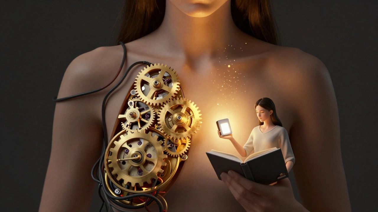 An internal clockwork mechanism glows with golden light inside a woman’s chest, symbolizing restored circadian rhythm.