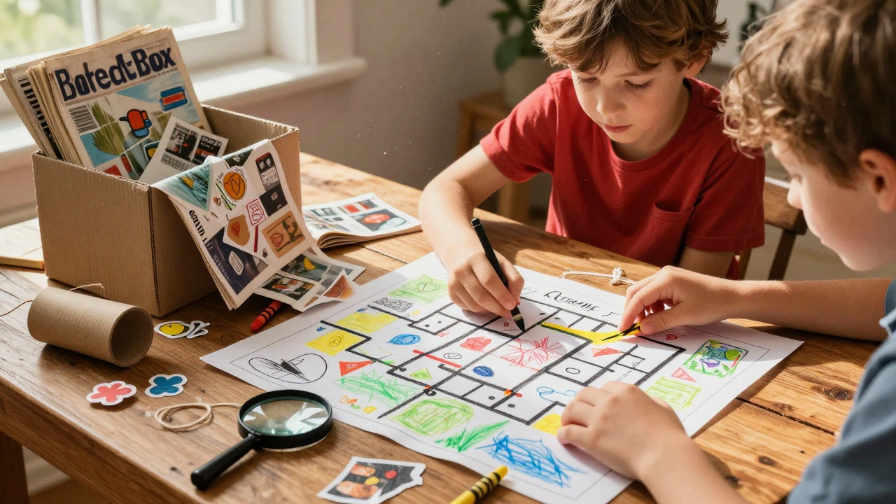 Children collaborating on a treasure hunt map using items from a boredom box.