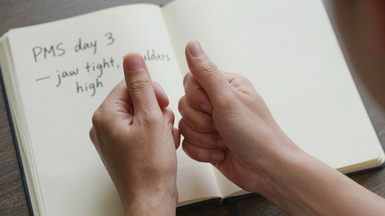Close-up of hands gently shaking out tension, with a journal showing meditation notes in background.