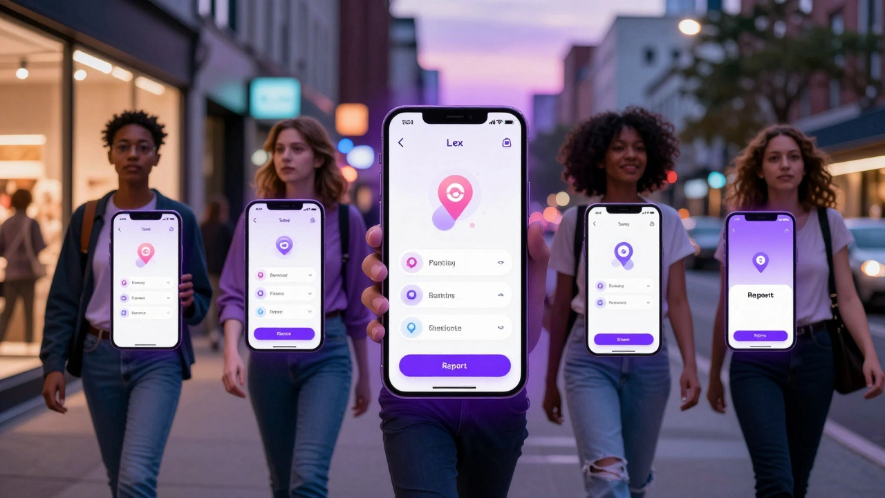 Diverse queer women walking confidently through a city at dusk, their phones subtly showing safety-focused app interfaces.