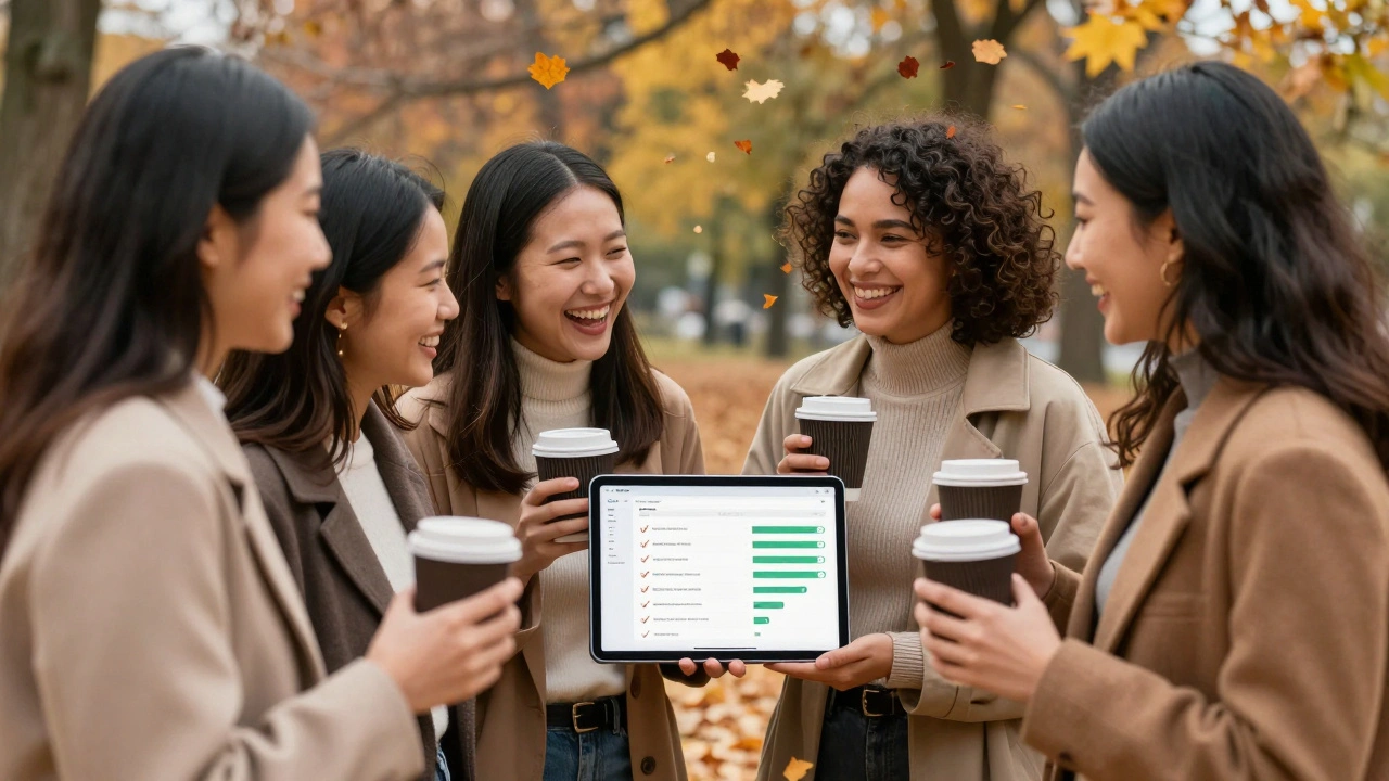 Four women laughing in a park, sharing progress on a tablet, surrounded by falling autumn leaves.