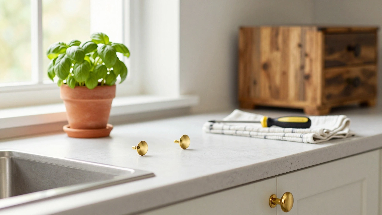Fresh brass cabinet pulls gleaming beside potted herbs on a kitchen windowsill, with old hardware laid out on a towel.