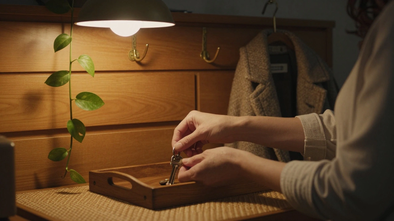 Hands placing keys on a wooden tray beside a brass hook, with warm light and a woven mat underfoot.
