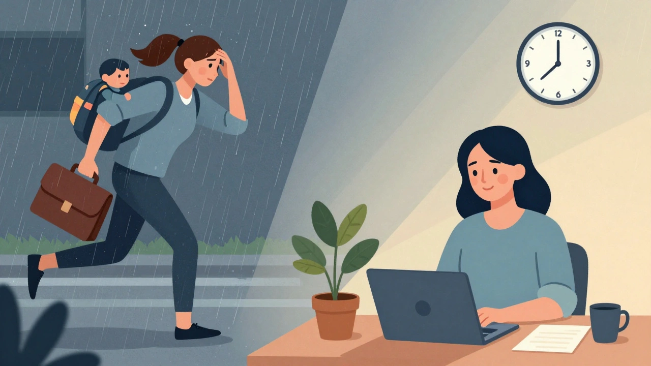 Split image: stressed commute vs. calm home workspace, symbolizing flexible work benefits.