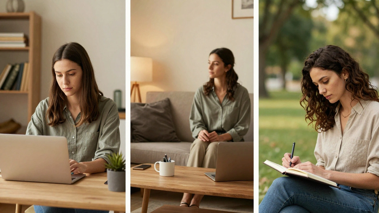 Three women in different settings engaging in personal growth through courses, coaching, and journaling.