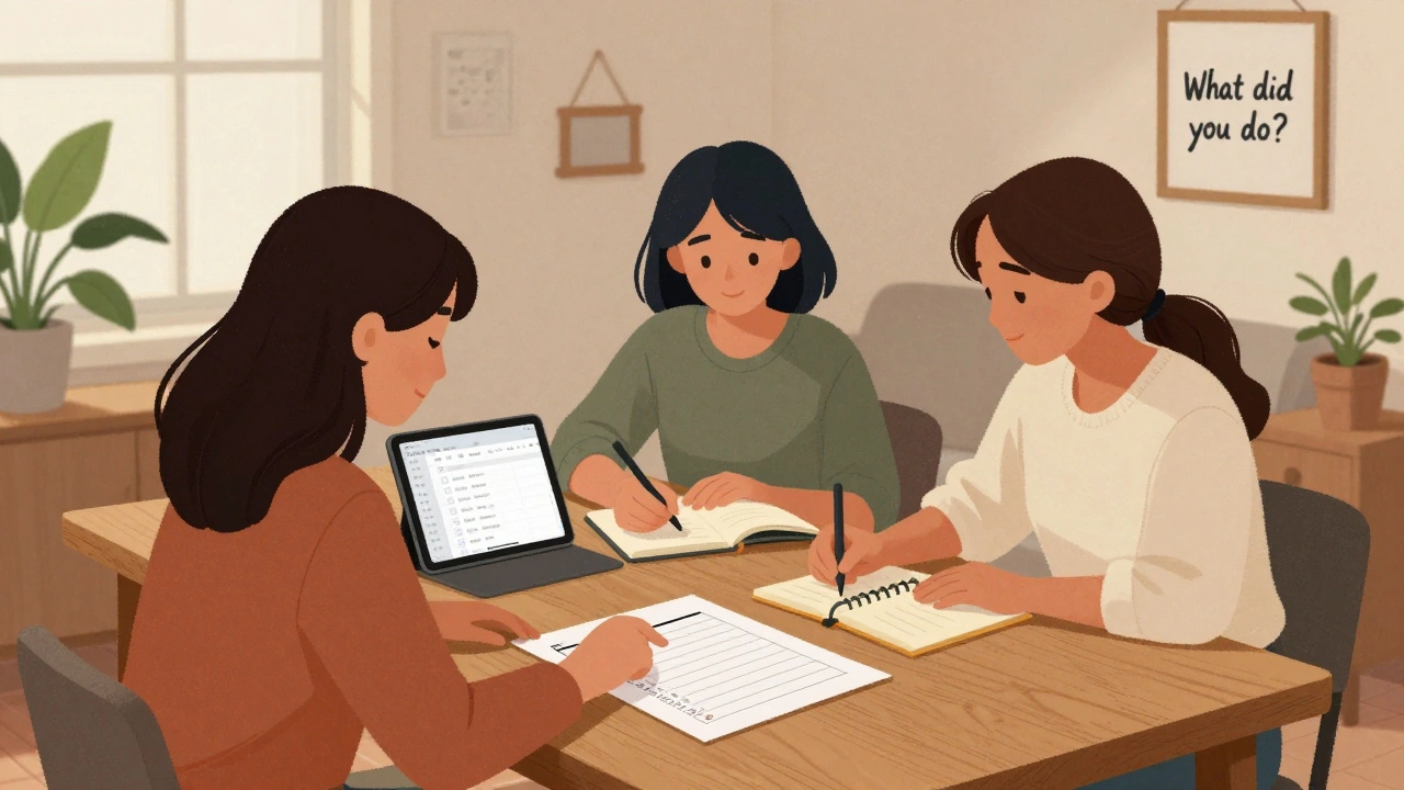 Three women reviewing a printed accountability checklist together in a calm home setting.