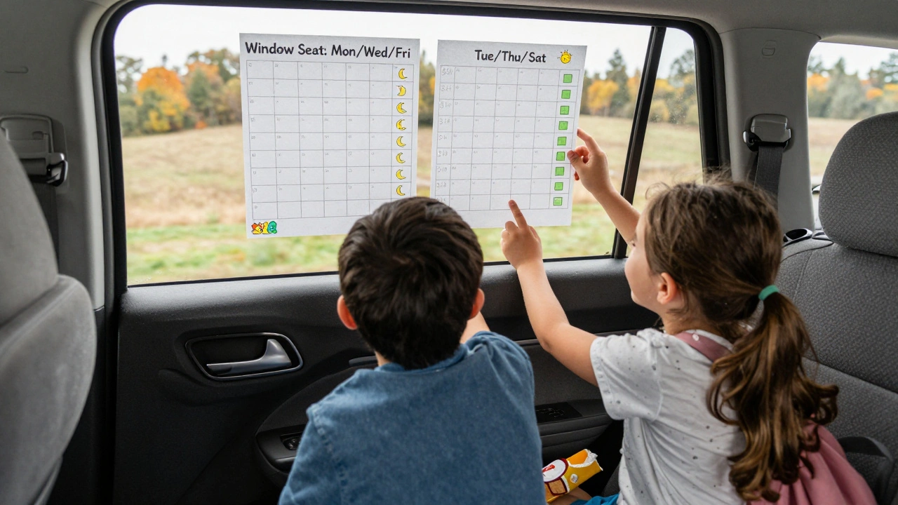 Two siblings smiling while following a weekly window seat schedule in the car.