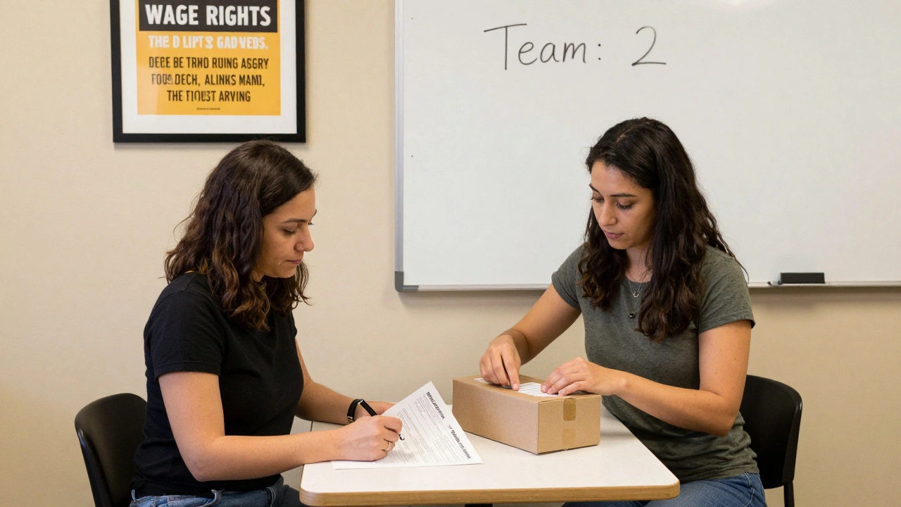 Two women work together in a small workshop—one packing orders, the other reviewing a job description.