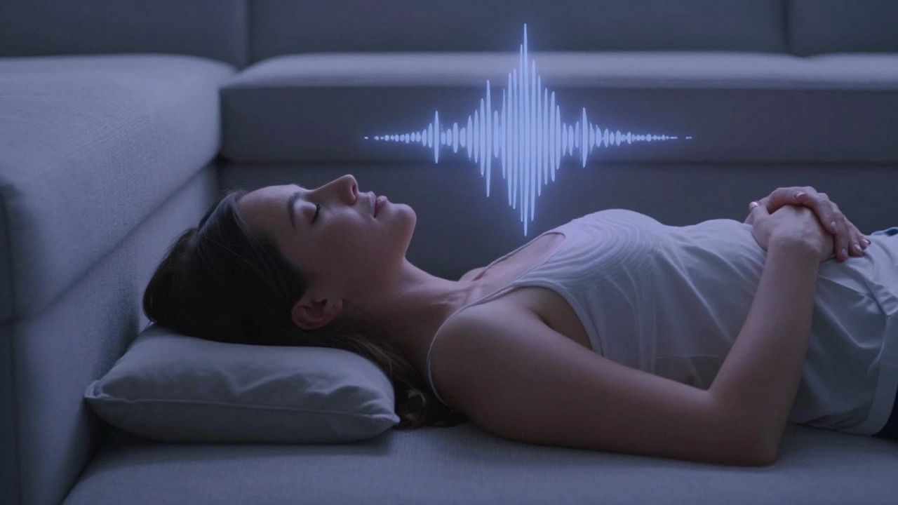 Woman lying on her back with pillow under knees, soft sound waves glowing above her chest.