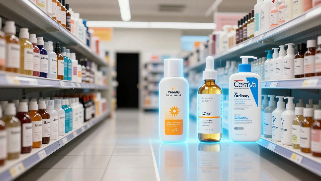 A conceptual split-path through a beauty aisle, contrasting marketing hype with science-backed, affordable skincare essentials.