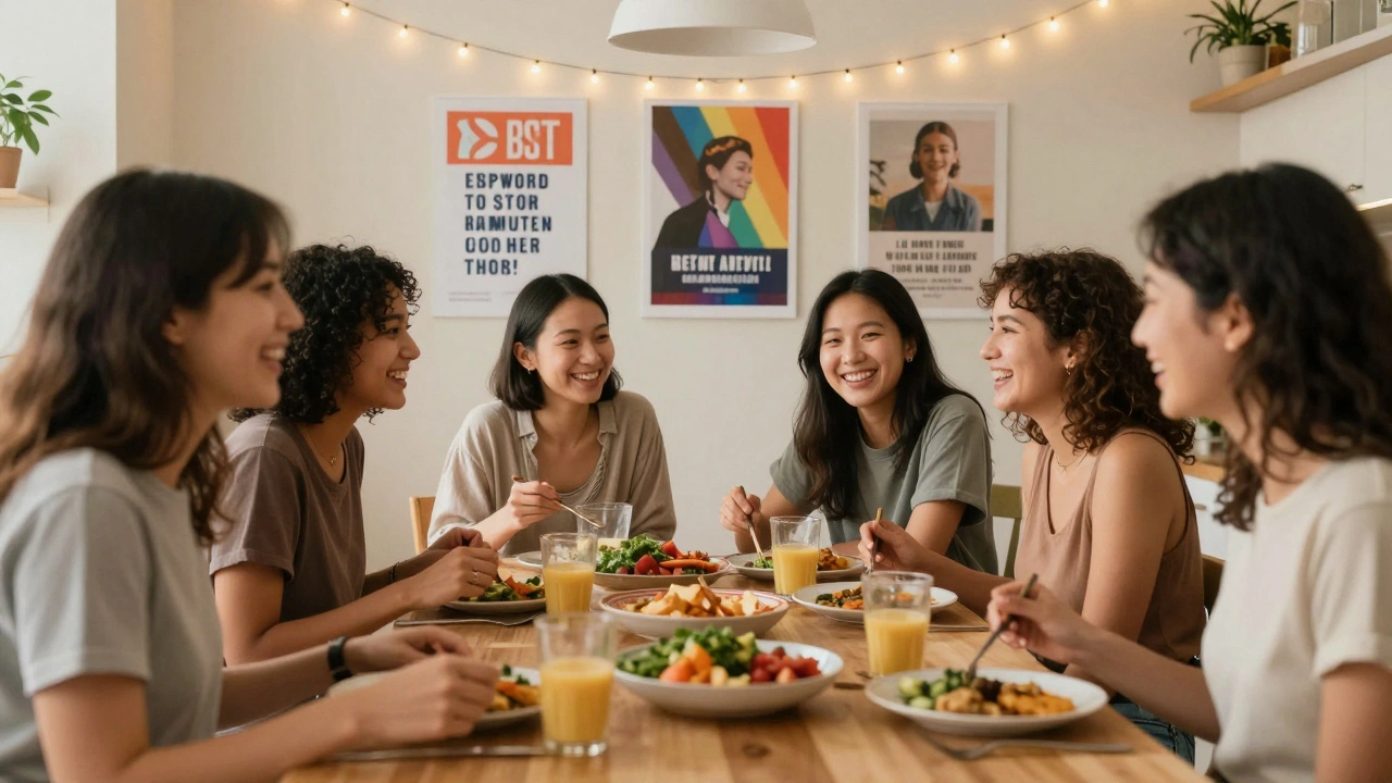A group of trans women share a meal in a warm apartment, laughing together as a chosen family.