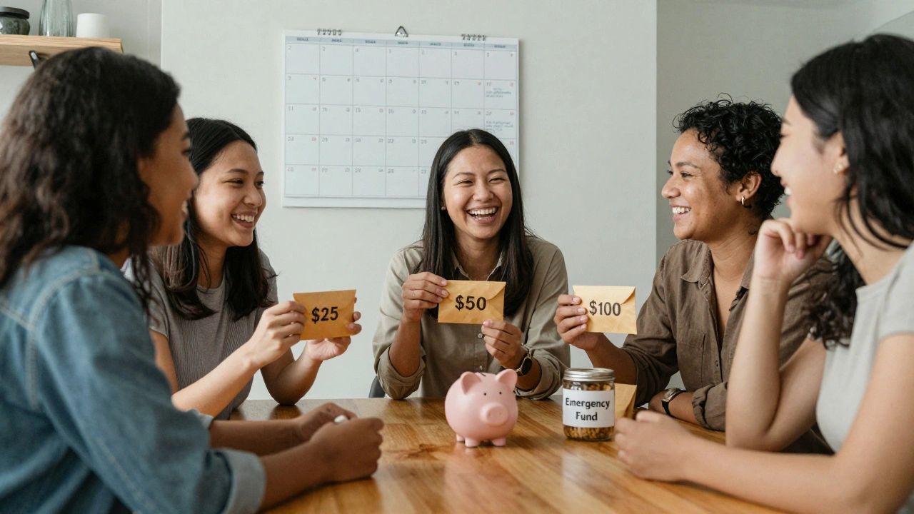 A group of women sharing small envelopes labeled with monthly investment amounts around a kitchen table.