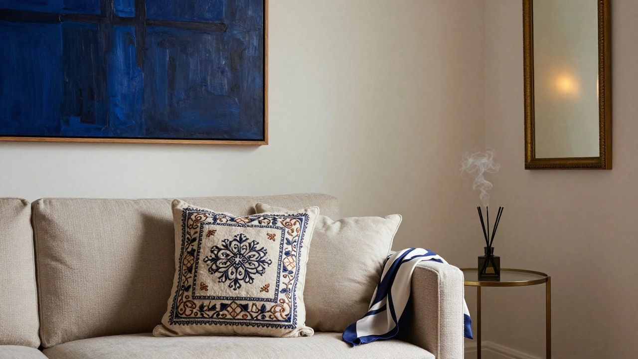 A quiet living room corner with an embroidered pillow, a large abstract painting, and a brass mirror reflecting warm light.