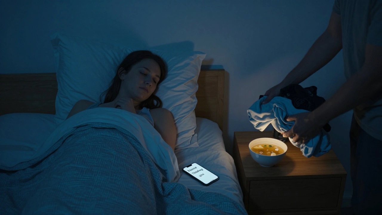 A sick woman rests in bed as her partner leaves soup and a comforting text on the nightstand.