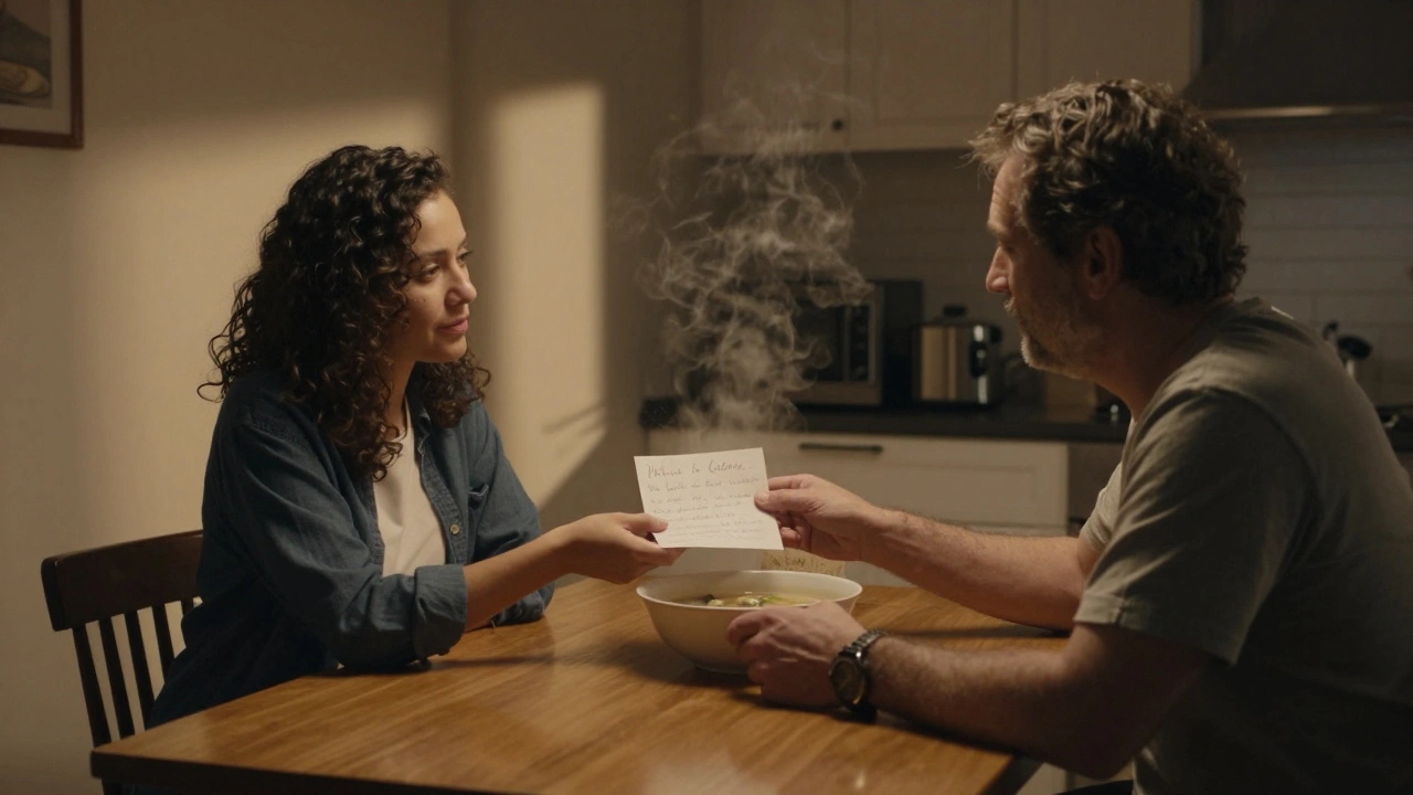 A trans woman gives a handwritten note to her father in a dim kitchen, soup steaming between them.