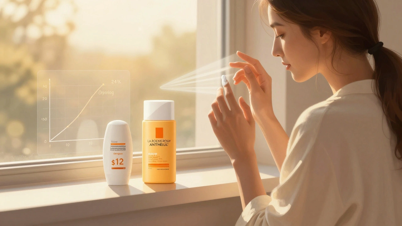 A woman applying sunscreen at dawn, with expensive and affordable SPF products side by side, symbolizing real skin protection.