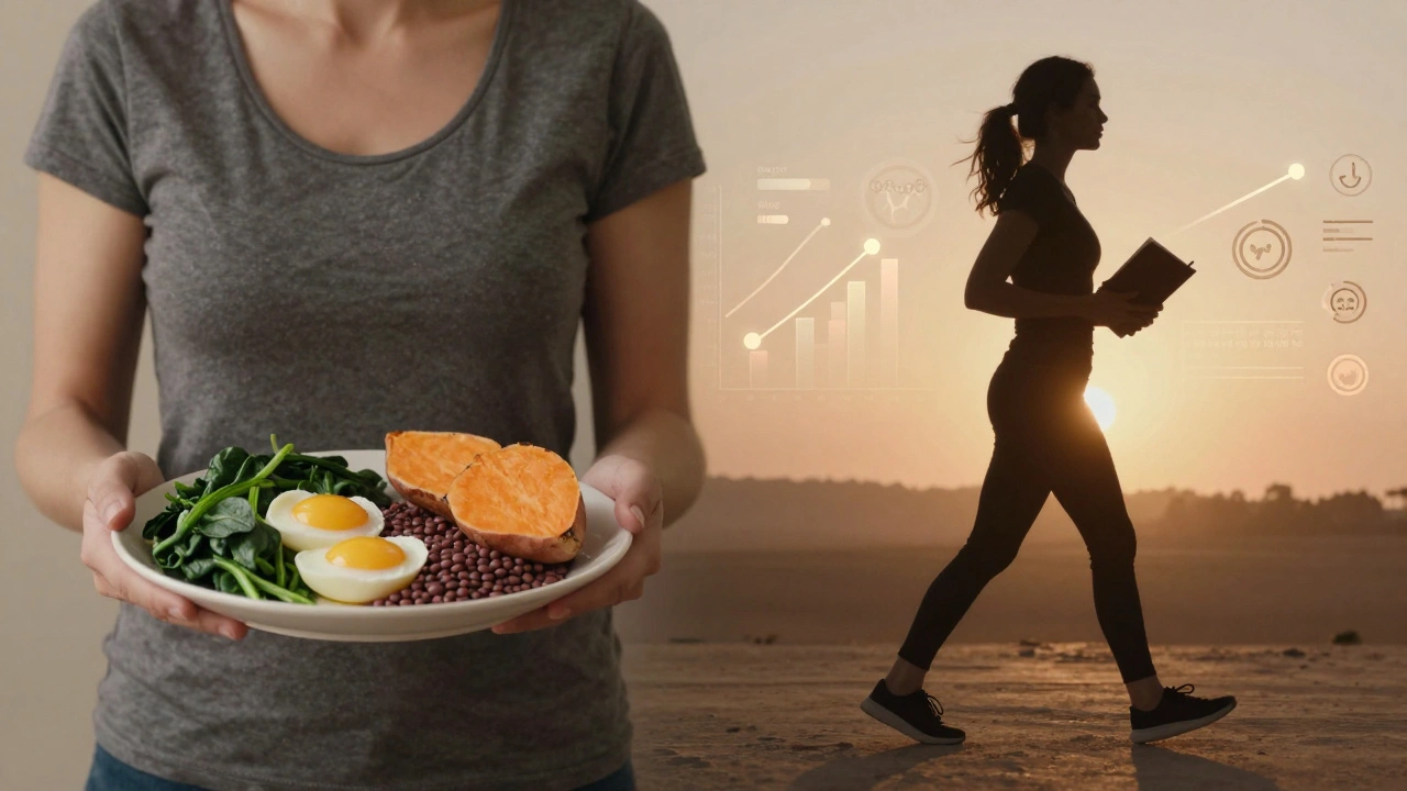 A woman holding a healthy meal while walking at dusk, symbolizing lifestyle management of PCOS.