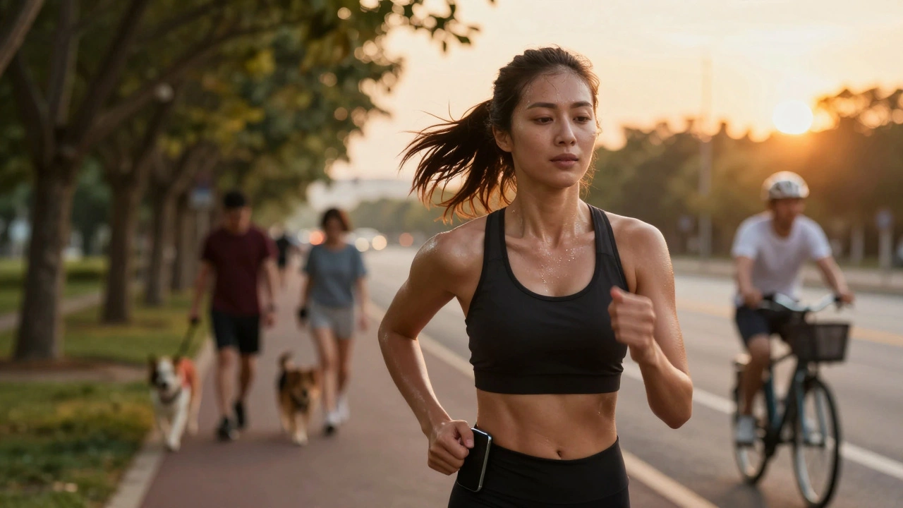 A woman jogging at sunset, symbolizing recovery through movement and routine.