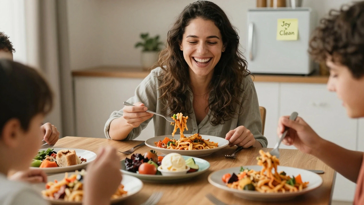A woman laughs at dinner with family, enjoying messy, varied food in warm, natural light with no food labels in sight.