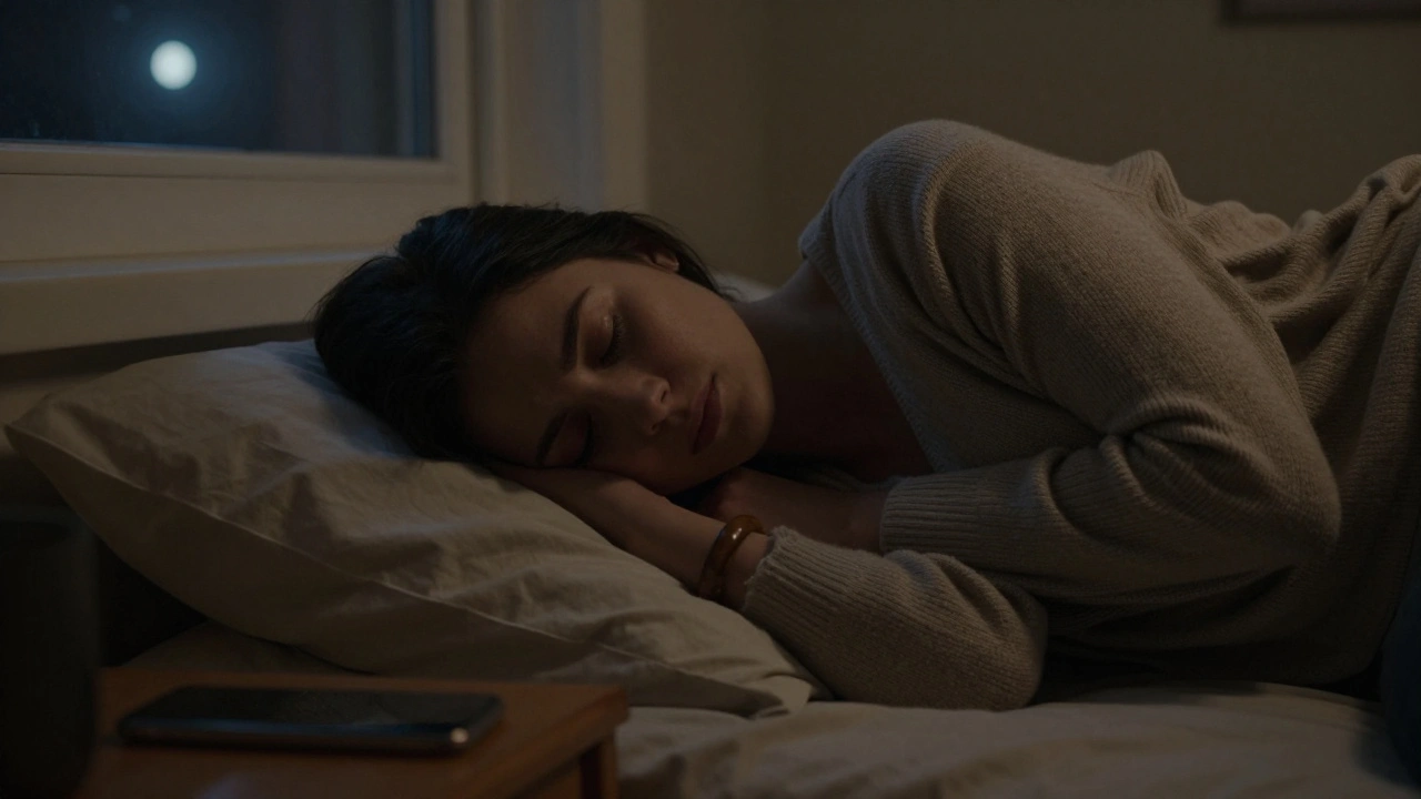 A woman lying in bed at night, breathing slowly, with a wooden bracelet on her wrist and phone face down.