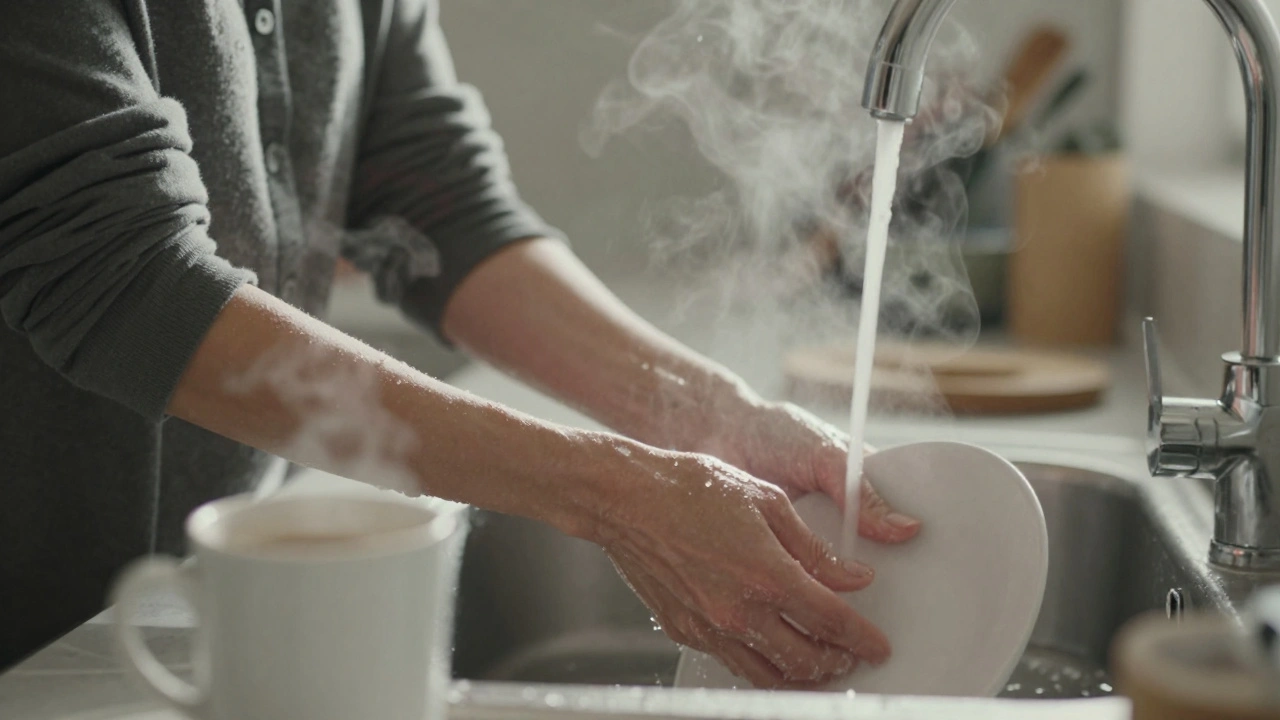 A woman mindfully washing dishes at the kitchen sink, eyes closed, focused on the sensation of water.