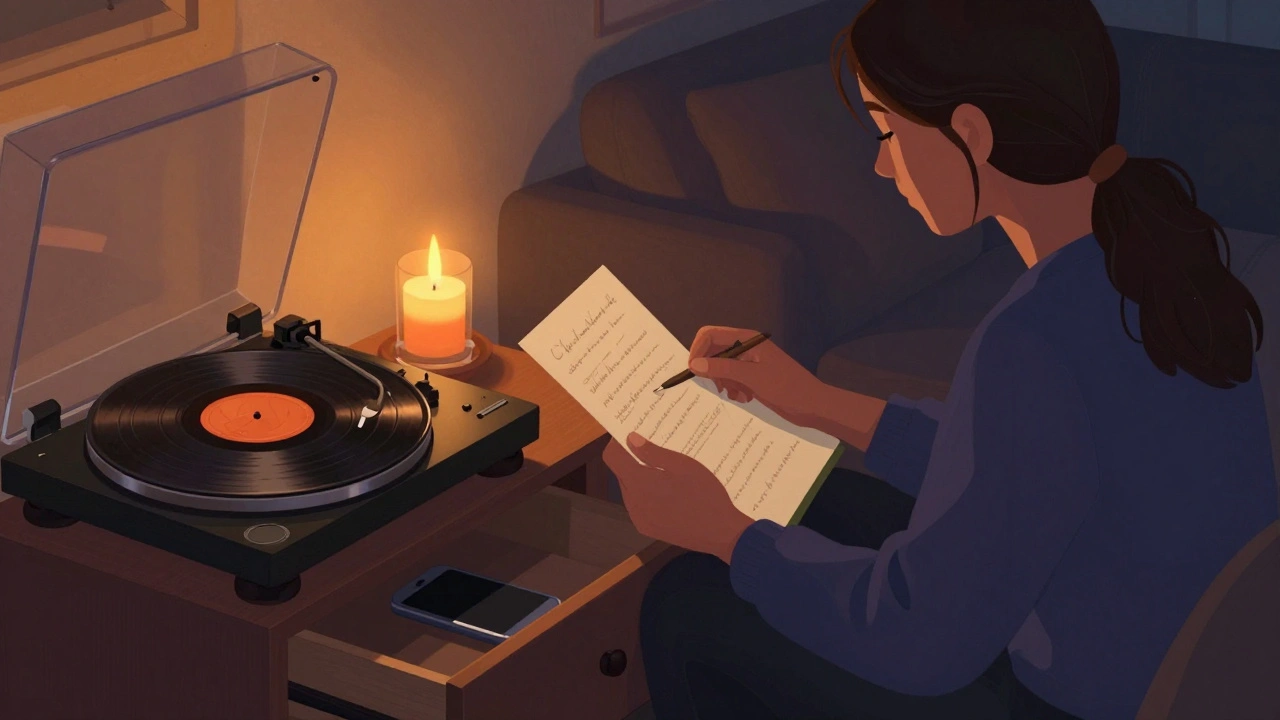 A woman reads a handwritten letter by candlelight while a vinyl record plays in the background.