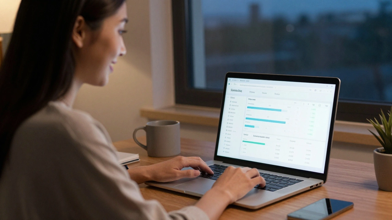 A woman recording a short video update on her laptop in a home office at dusk.