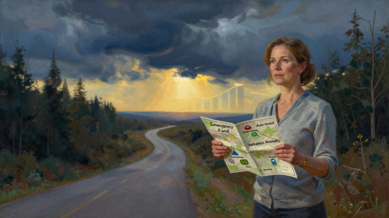 A woman standing on a forest path holding a map marked with key financial milestones as dawn breaks behind her.