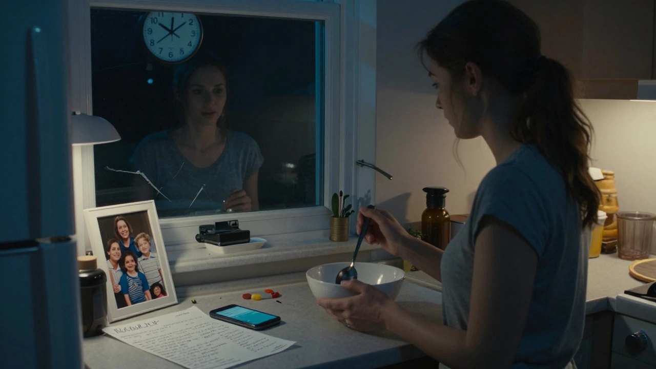 A woman stands in a dark kitchen at night, holding a spoon over an empty bowl, her reflection visible in a window.