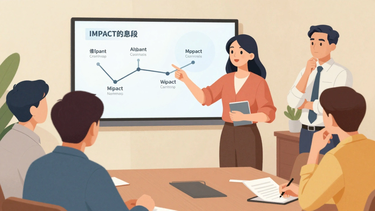 A woman using a structured three-part approach to communicate impact and solutions in a team meeting.